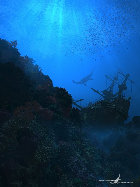 "A digital illustration depicts an underwater scene with a large marine reptile swimming past a shipwreck on a coral reef. Shafts of sunlight  enetrate the deep blue water, illuminating a massive school of fish above  the wreckage."